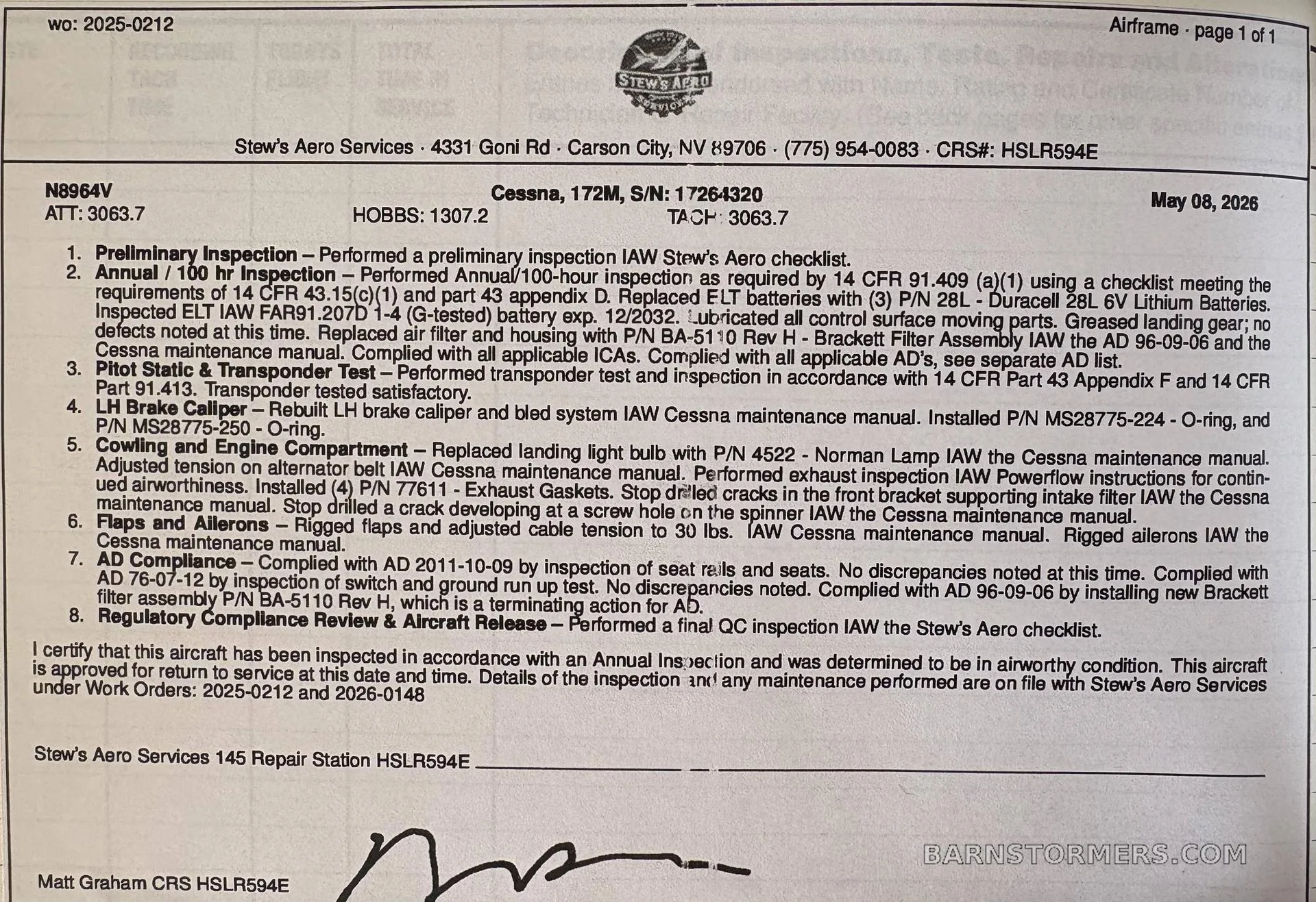 A close-up of a maintenance record document for a Cessna 172M airframe, detailing inspections and repairs.