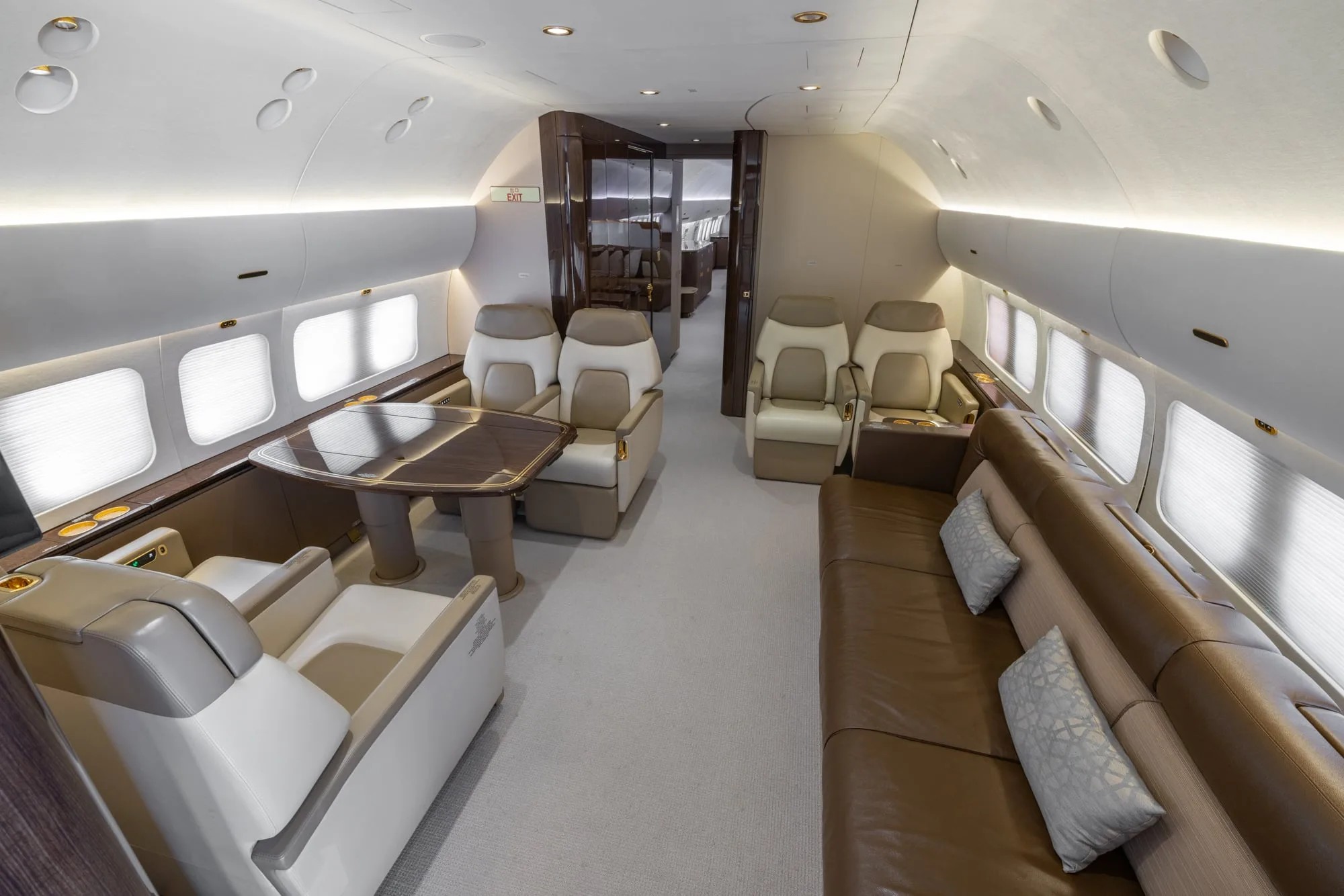 The luxurious interior of a private jet cabin featuring a dining area with a table and chairs, and a lounge area with a sofa.