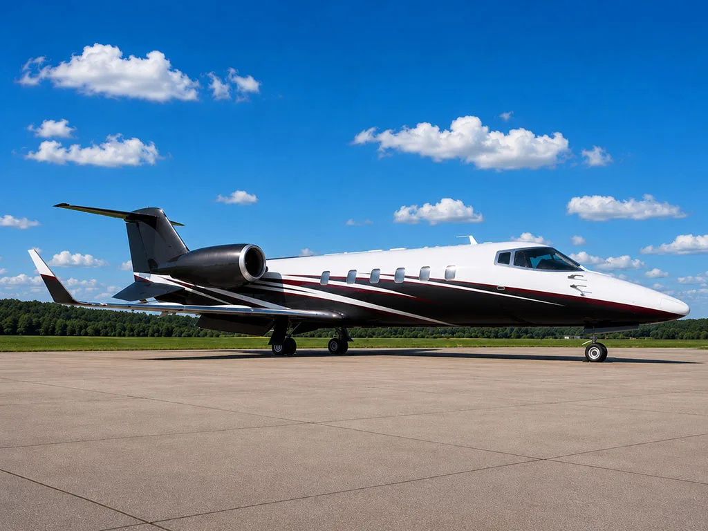 A Learjet 75 with a white, black, and red livery parked on a tarmac under a blue sky with clouds.