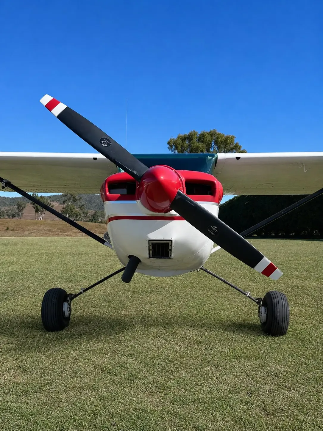 A front view of a red and white single-engine propeller aircraft with a black propeller, parked on a grassy field.
