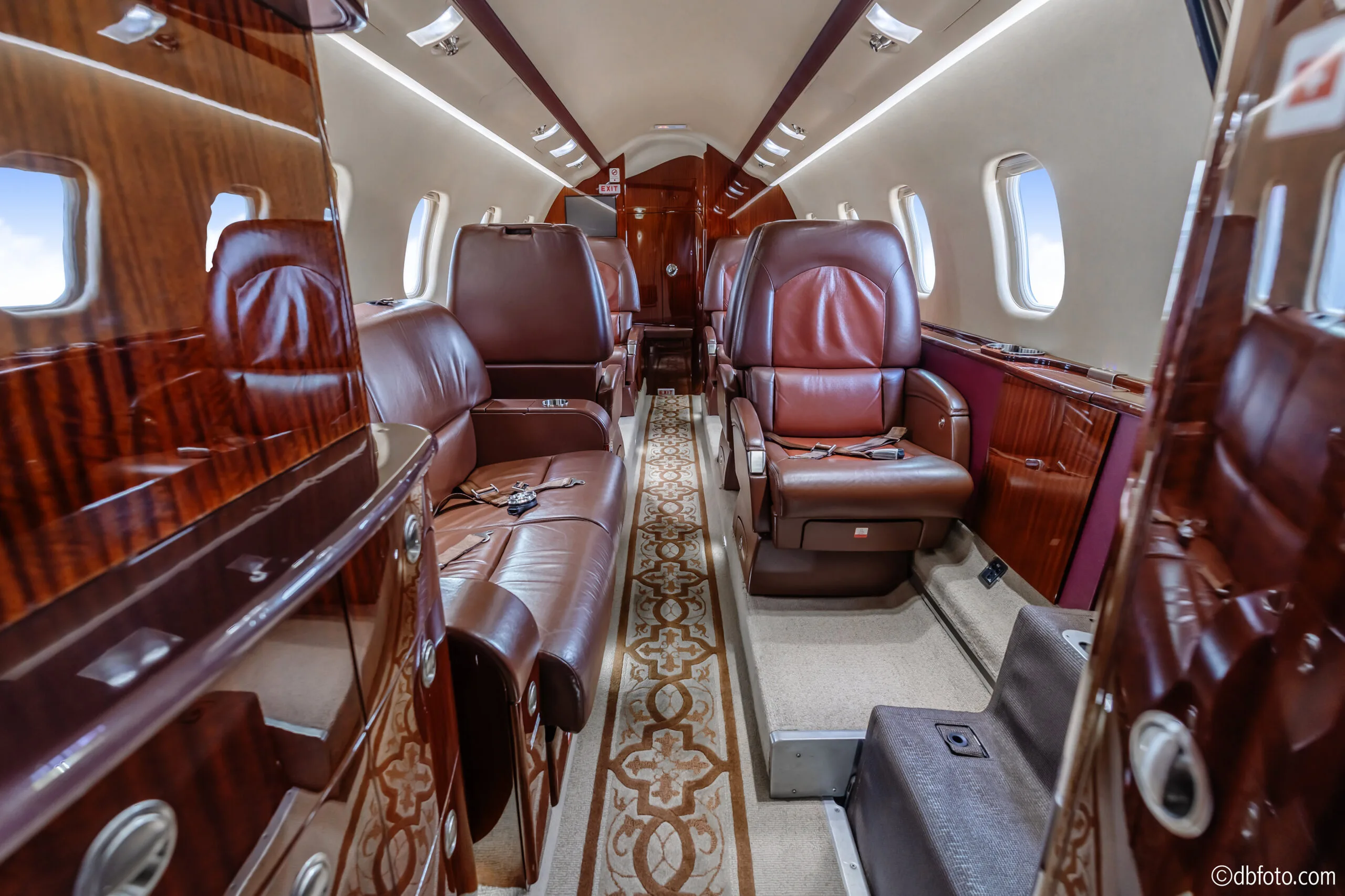 View of the Learjet 45XR cabin with leather seats.