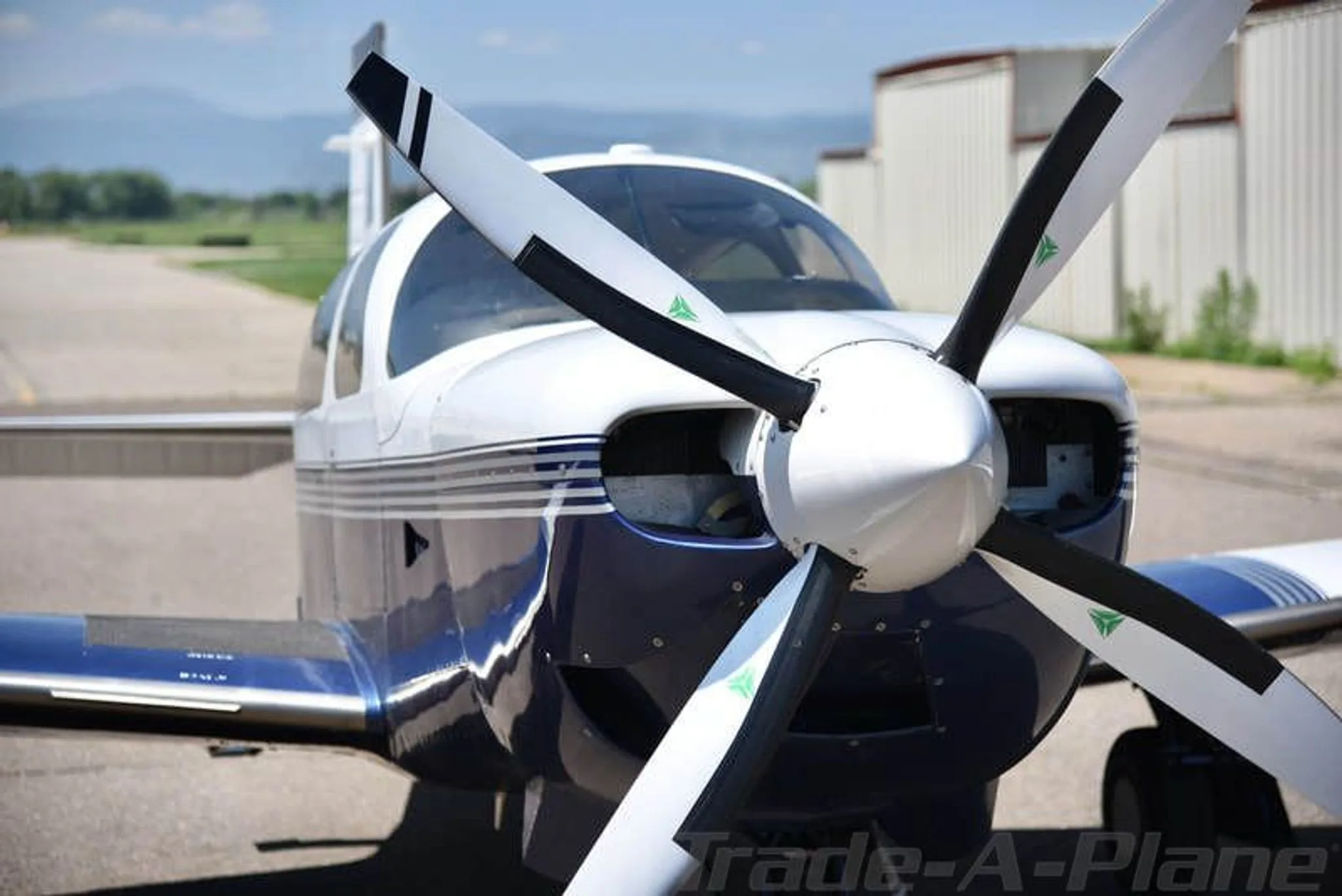 Detailed view of the aircraft's nose and propeller.