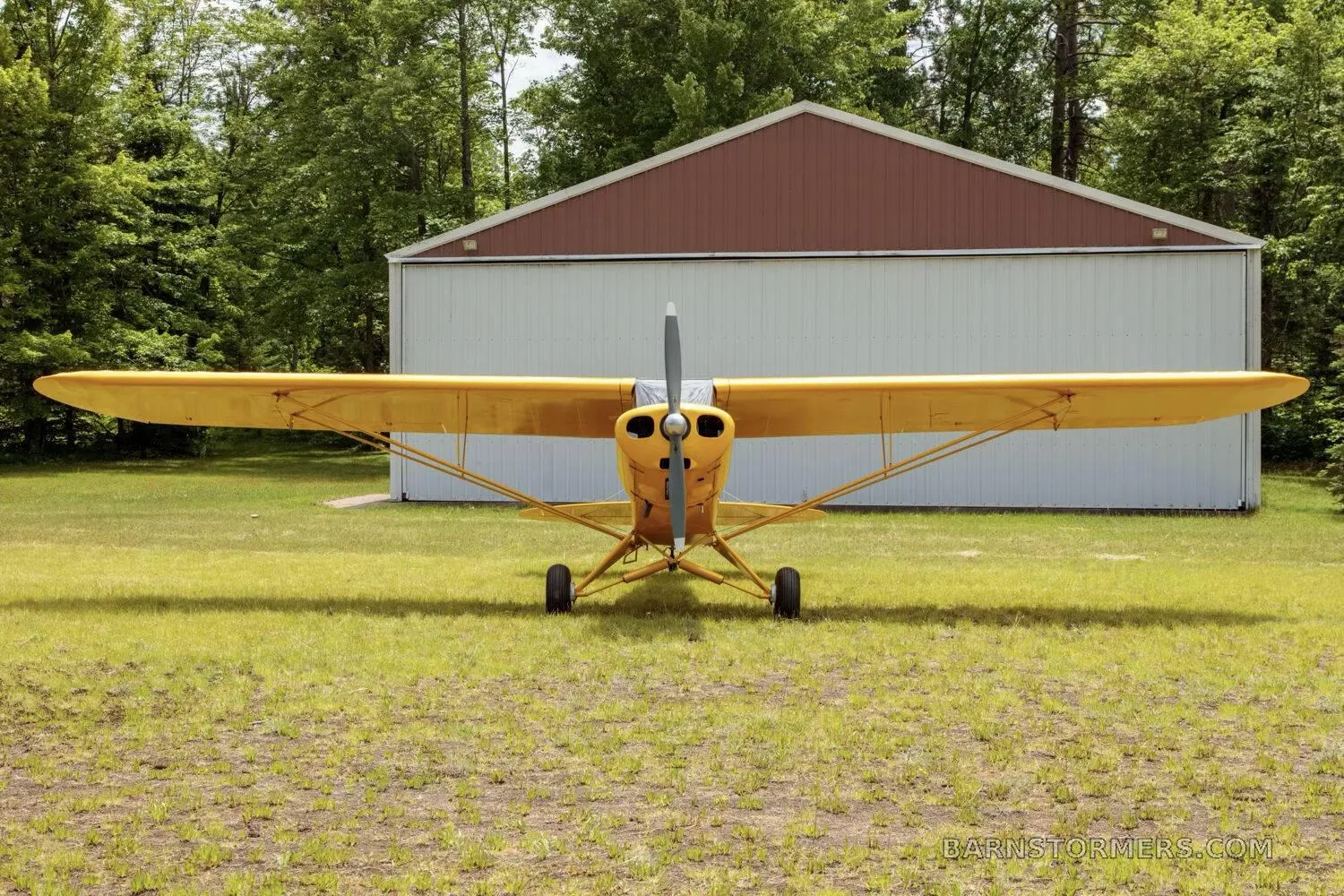 A front view of a yellow high-wing taildragger aircraft with a propeller, parked on a grassy field in front of a hangar.