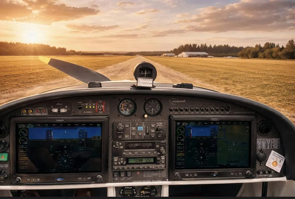 The cockpit instrument panel of an aircraft, showing two large Garmin displays, with a dirt runway and trees visible through the windshield at sunset.