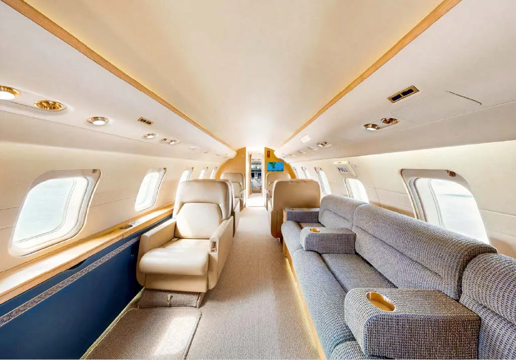 The luxurious interior of a private jet cabin, featuring beige leather seats, a grey fabric sofa, and large windows.