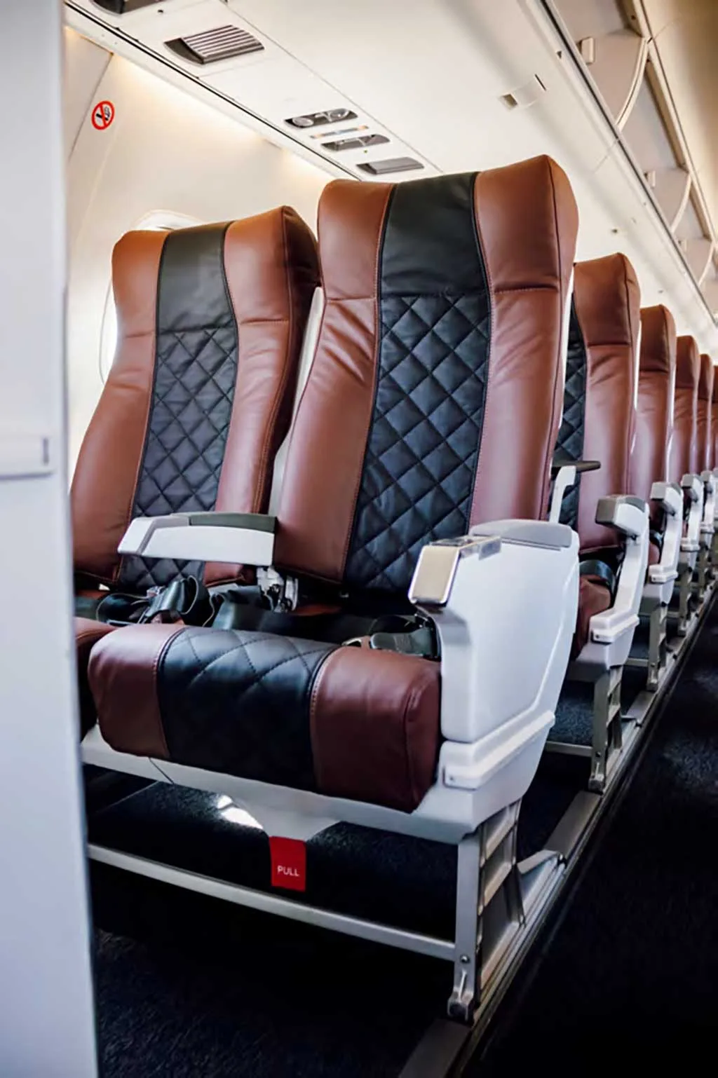 Rows of brown and black quilted leather passenger seats inside an aircraft cabin.