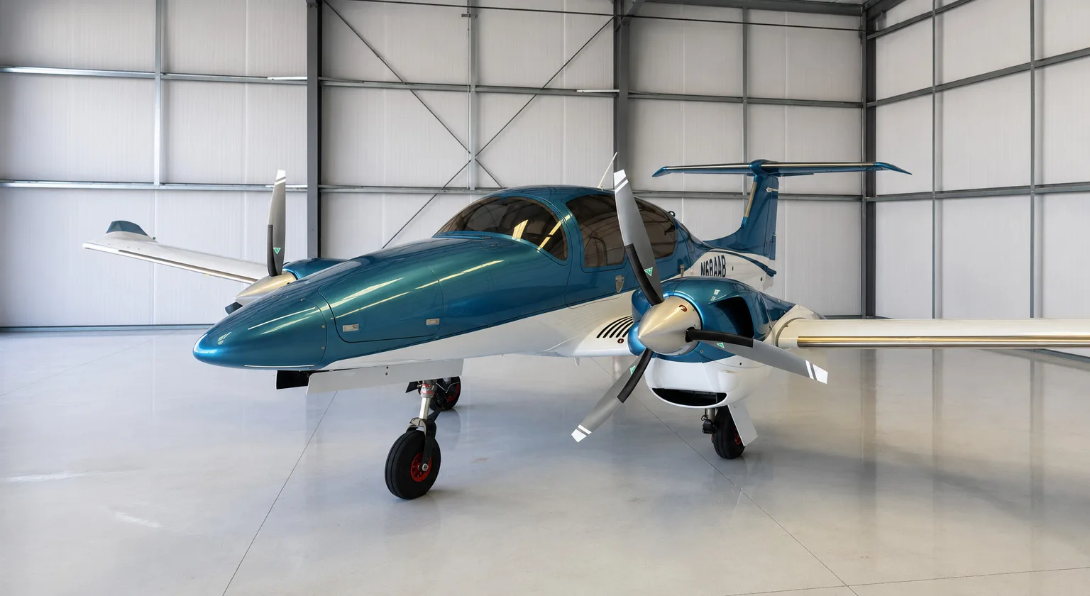 A close front-left view of a blue and white Diamond DA62 aircraft with twin propellers in a hangar.