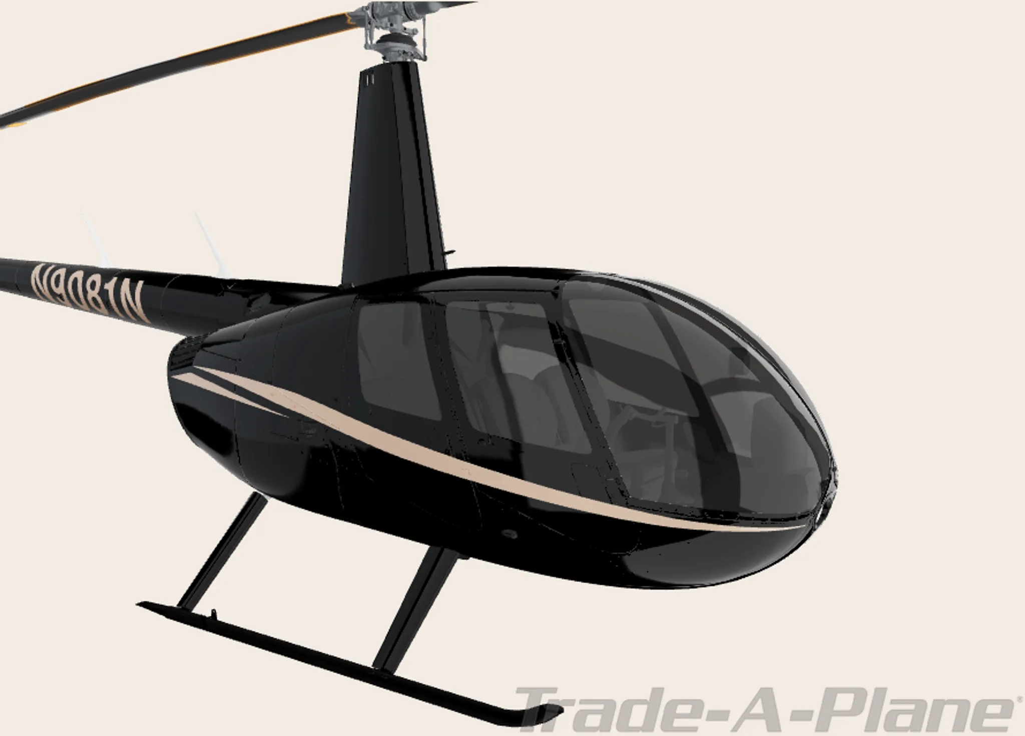Close-up front view of a black Robinson R44 helicopter with a tan stripe and registration N9081N.