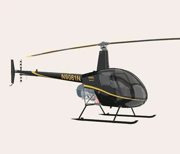 A black Robinson R22 helicopter with yellow stripes and registration N9081N, viewed from the front-left.