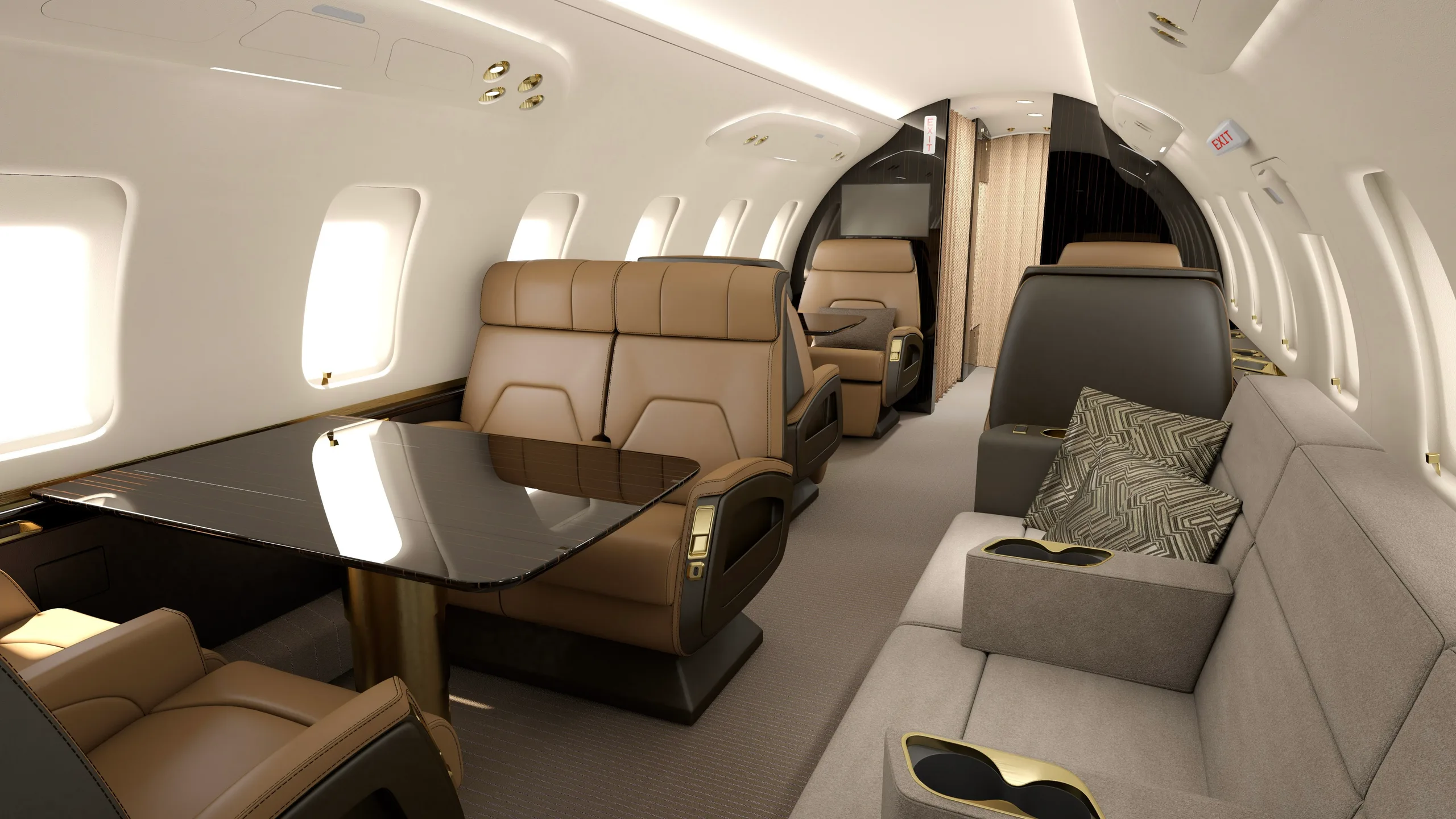 A luxurious aircraft cabin featuring brown leather seats, a grey sofa, and dark wood tables.