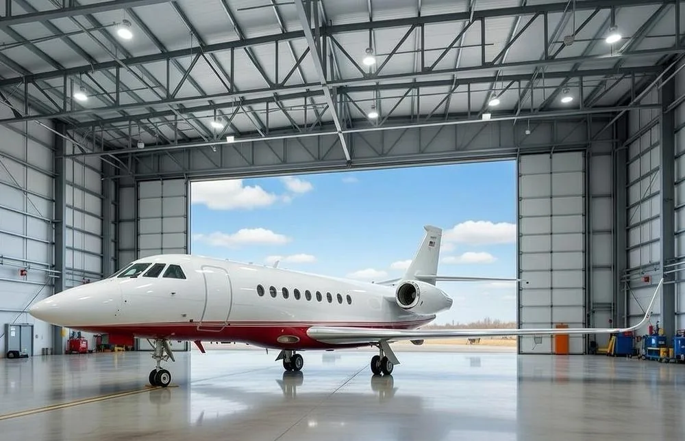 A white and red Dassault Falcon 900 private jet parked inside a large hangar with the door open to a cloudy sky.