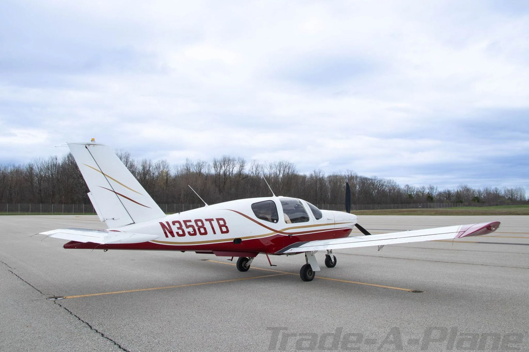 Another side view of the aircraft with trees in the background.