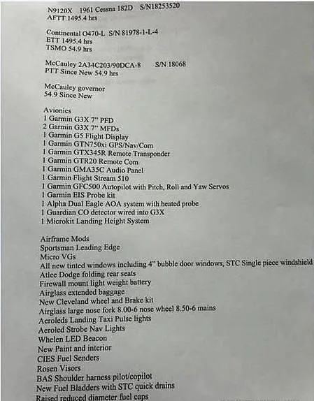A document detailing the specifications, avionics, and airframe modifications for the N9120X aircraft.