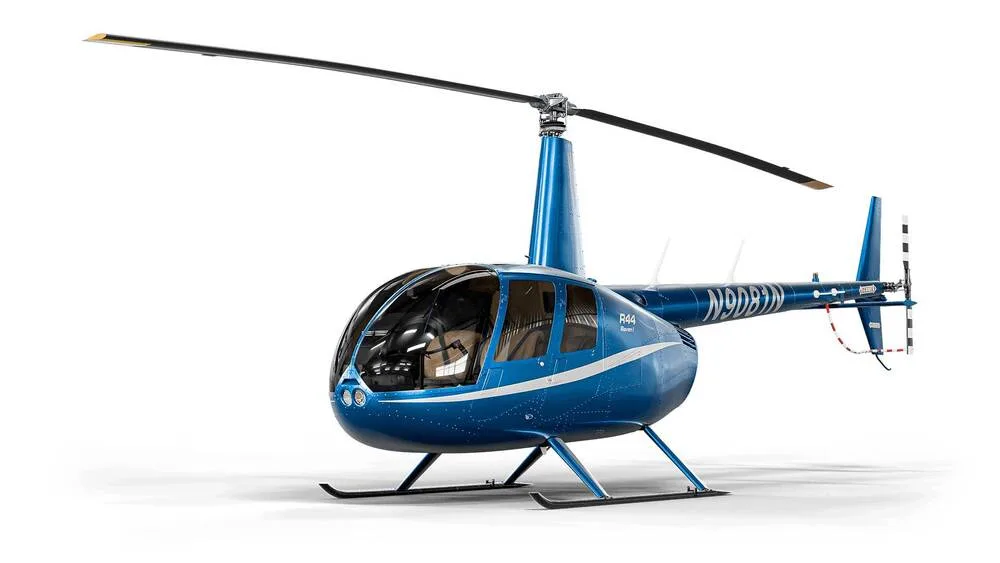 A blue Robinson R44 Raven I helicopter with white stripes, seen from the front-right on a white background.