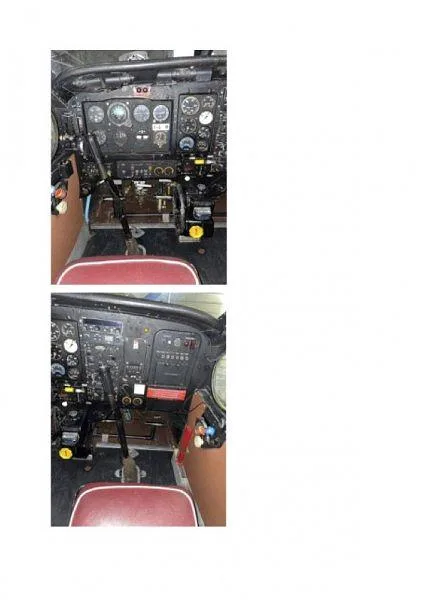 Two views of a vintage aircraft cockpit, showing the instrument panel, controls, and a red seat.