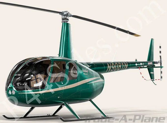 A green Robinson R44 Raven II helicopter with registration N9DBIN, featuring a light stripe, viewed from the front-right side.