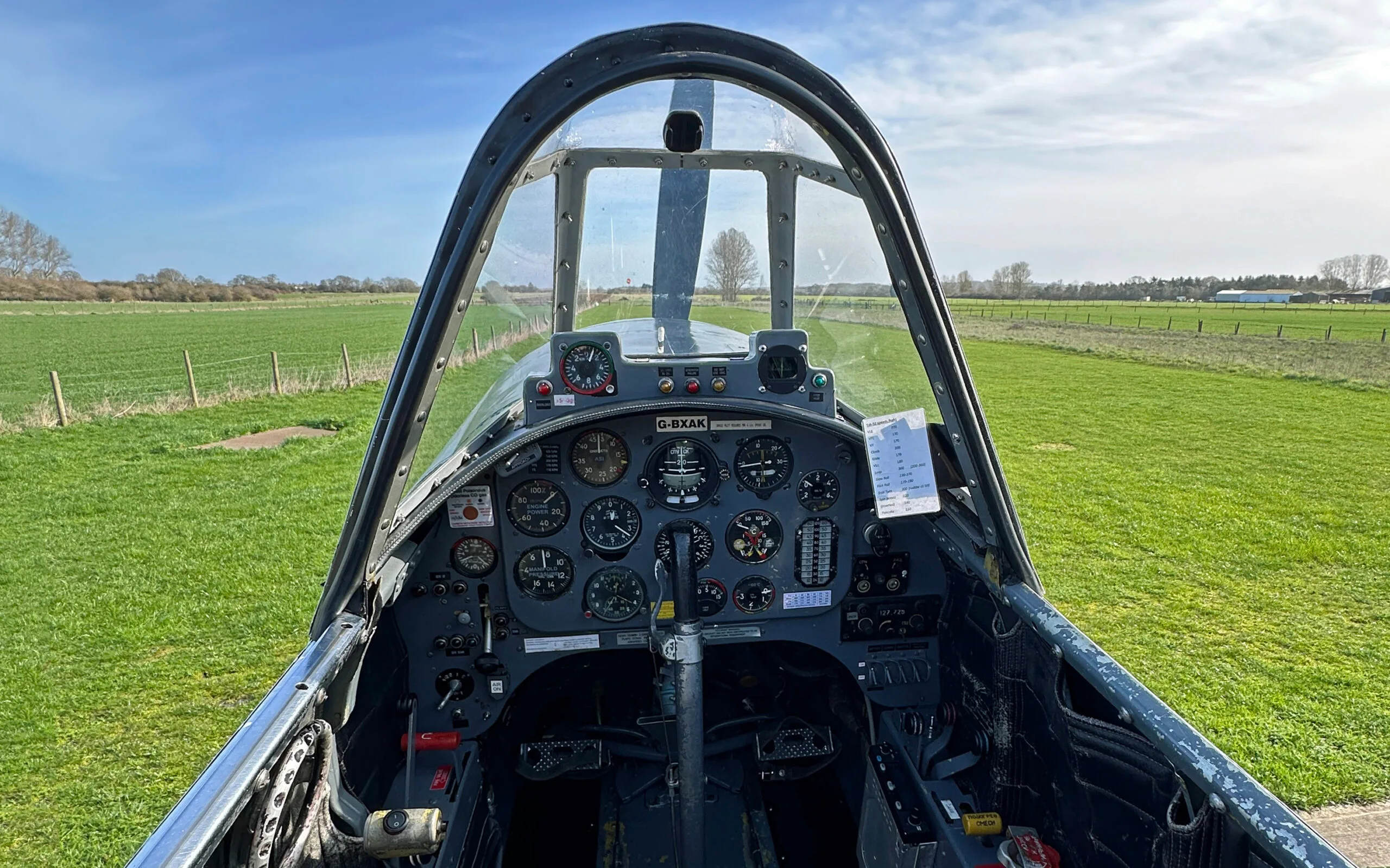 The cockpit of a Yak-52 aircraft, showing the instrument panel, controls, and a view of the grassy airfield ahead.