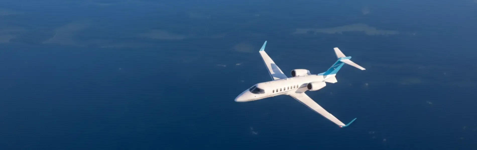 A white and blue jet aircraft flying over the ocean.