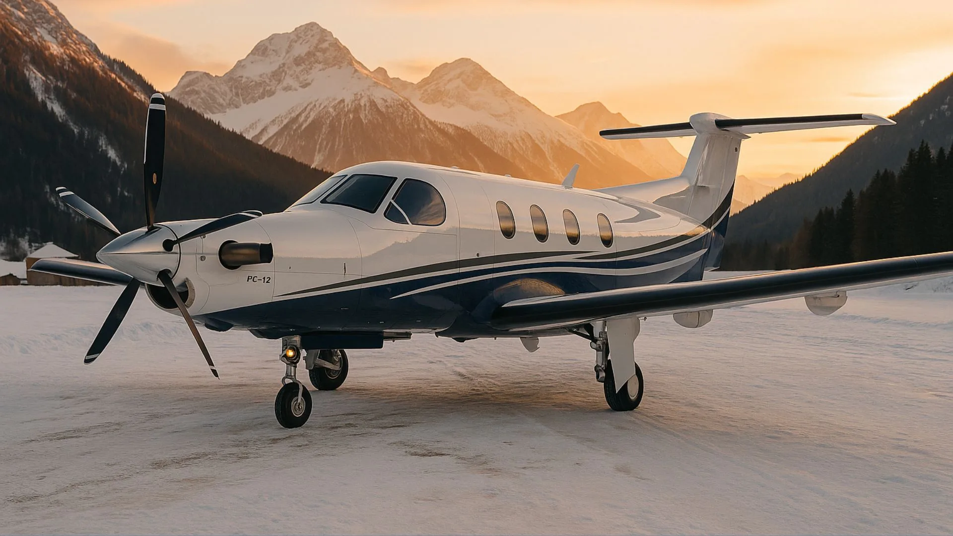 A Pilatus PC-12 turboprop aircraft is parked on a snowy surface with mountains in the background.