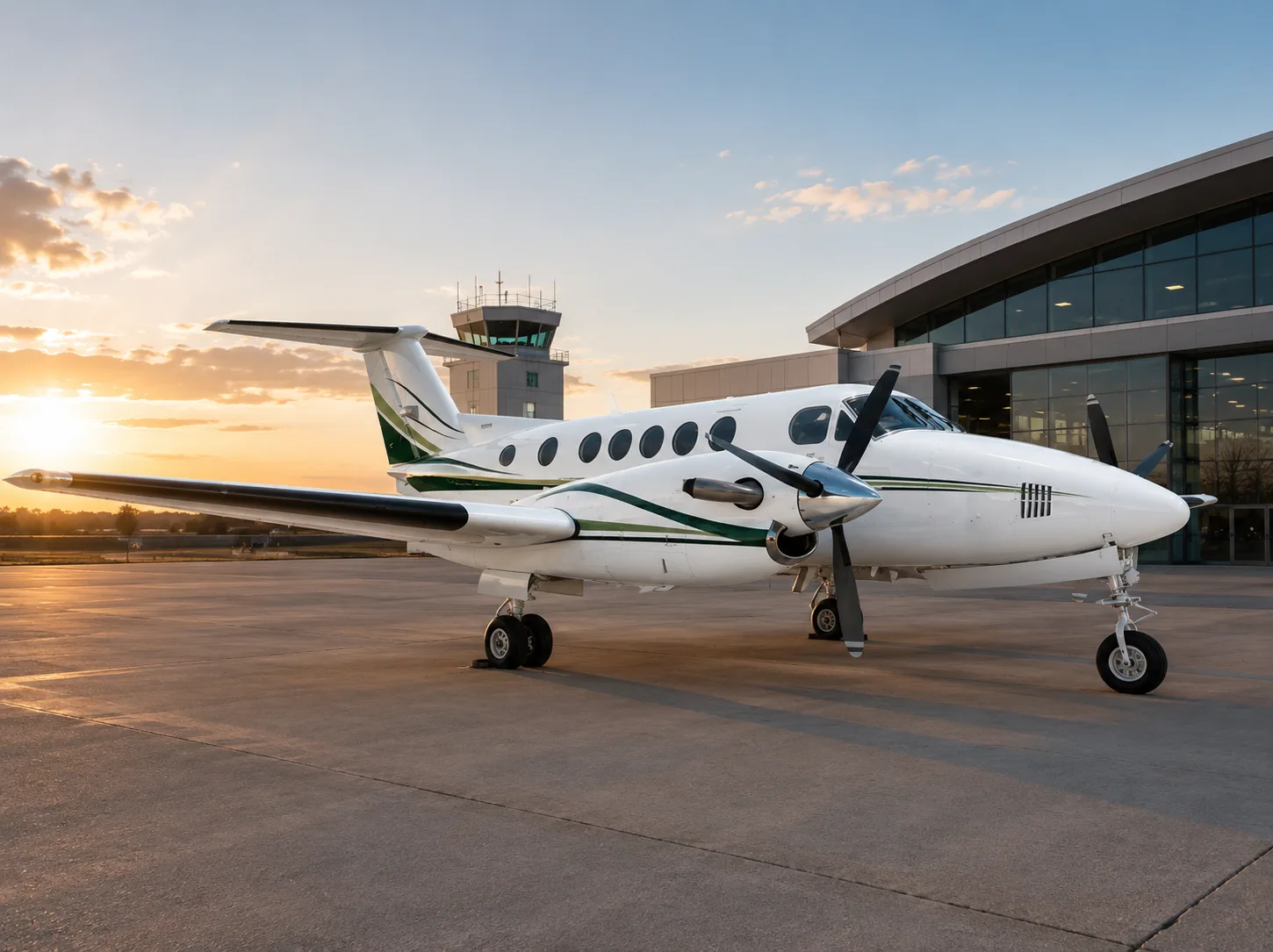 A white and green Beechcraft King Air turboprop aircraft parked on an airport tarmac at sunset.