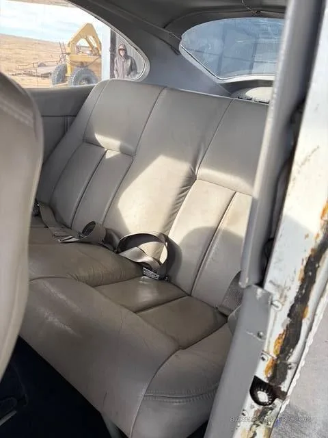 The light gray leather rear bench seat of the aircraft interior, with seatbelts visible.