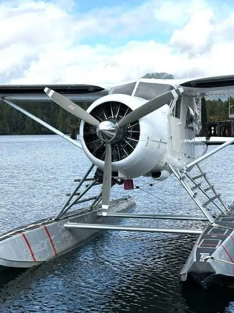 A close-up front view of a white floatplane with a large propeller, docked on water under a cloudy sky.