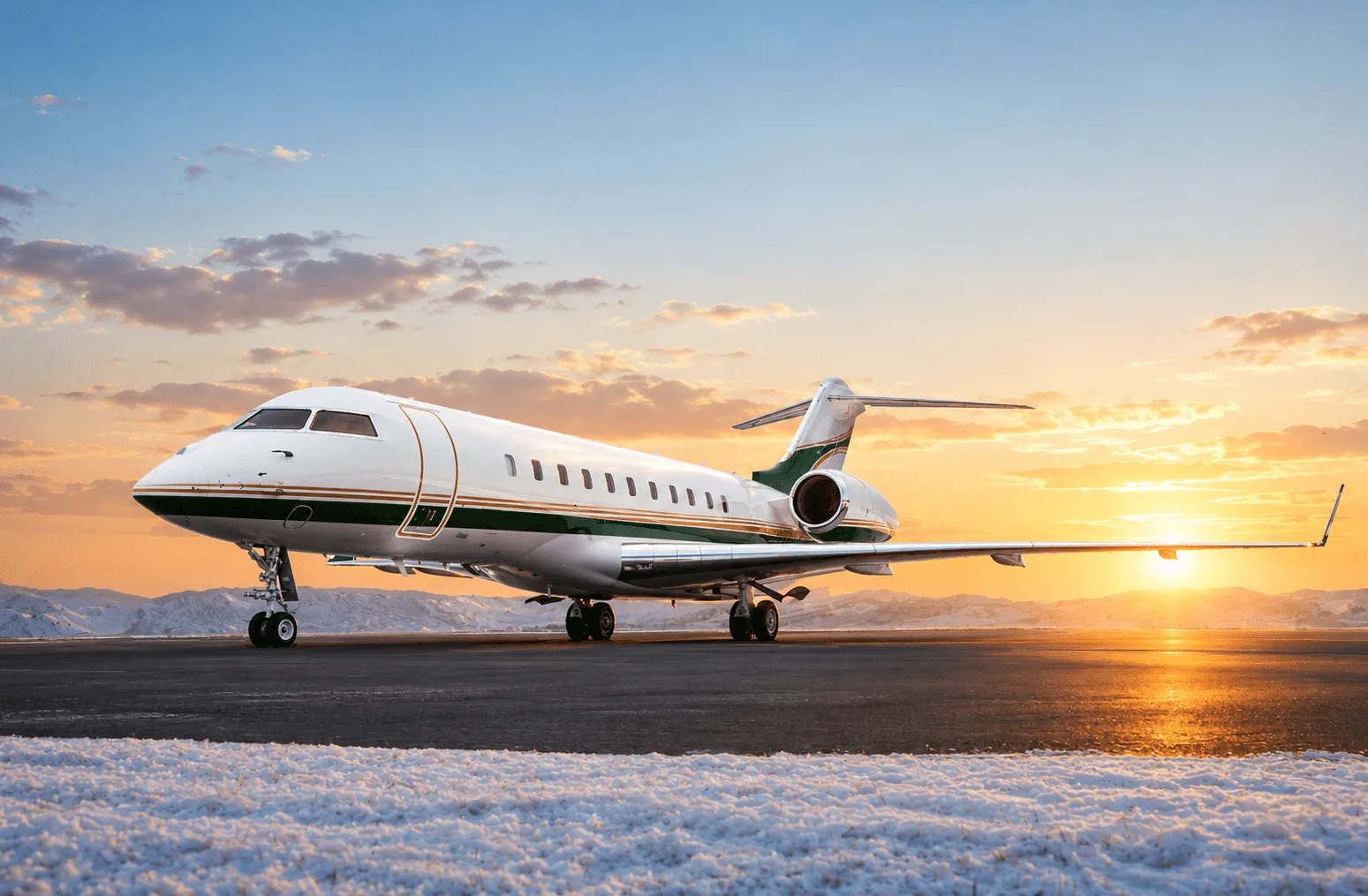 A white and green business jet, likely a Bombardier Global, is parked on a snowy tarmac at sunset with mountains in the background.