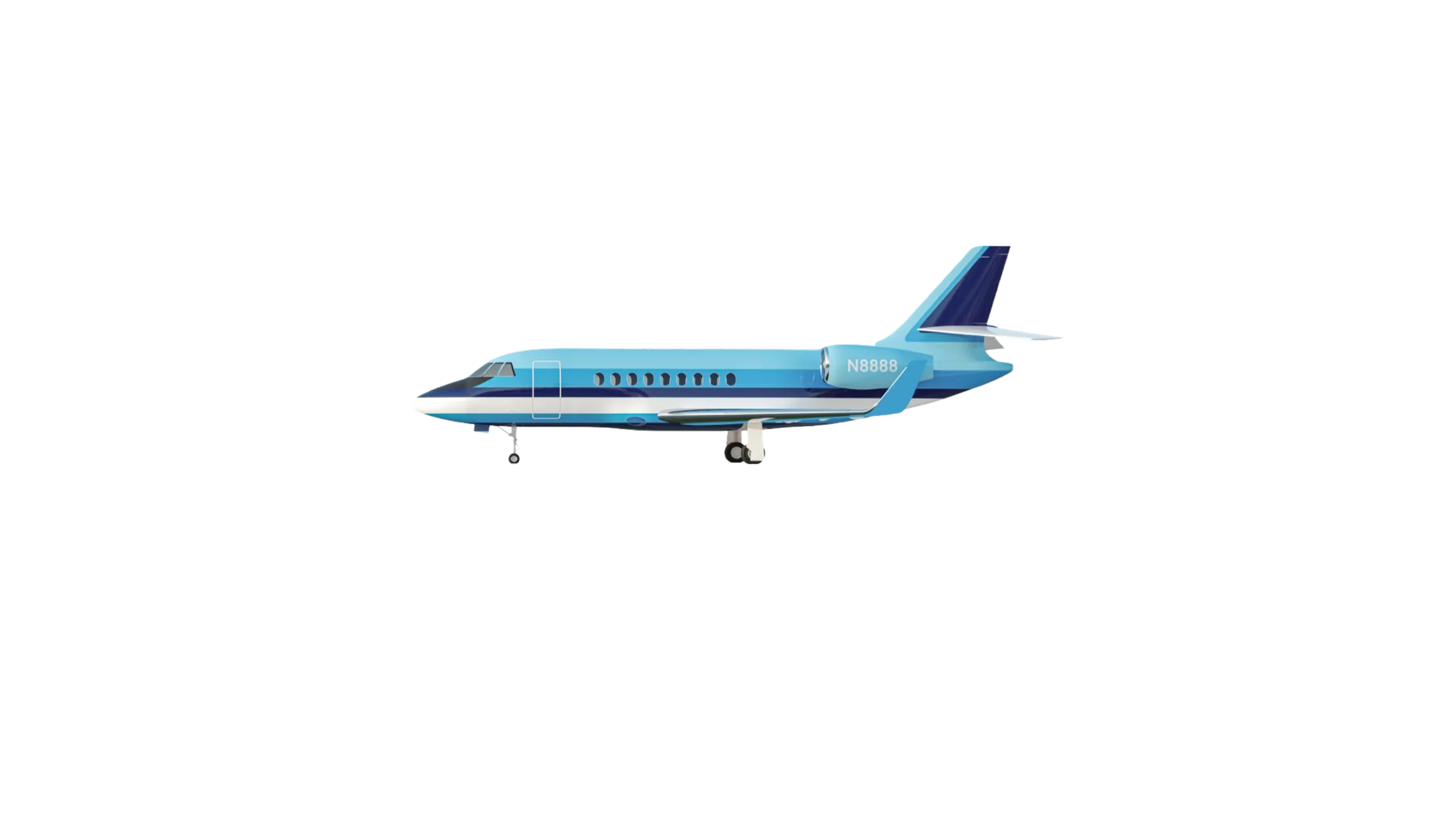 A blue and white business jet with registration N8888, viewed from the side.