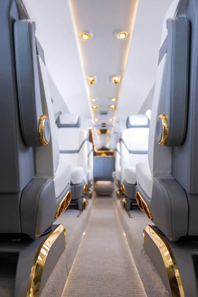 A view down the aisle of the Citation CJ3 cabin.
