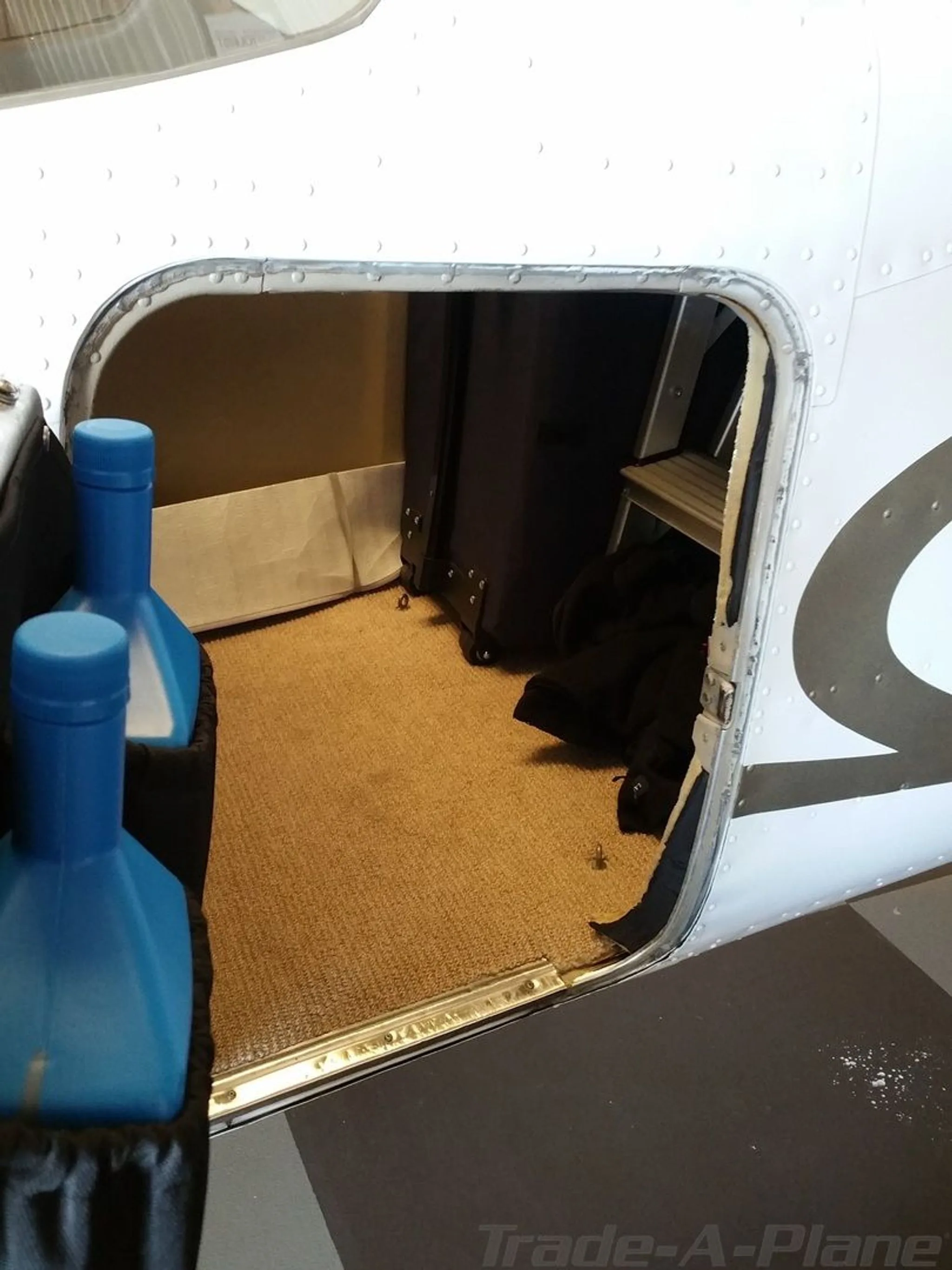 The open cargo compartment of the aircraft, showing a carpeted floor and some luggage.