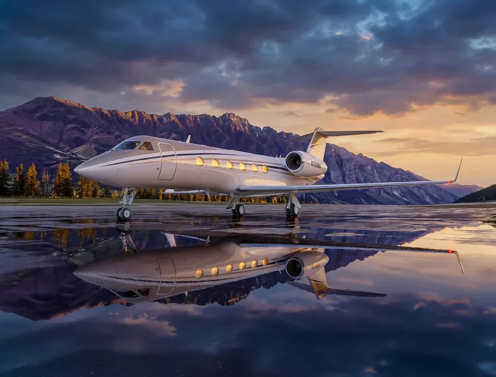 A Gulfstream G650 business jet with registration N769MM sits on a wet tarmac reflecting the dramatic sunset sky and mountains.