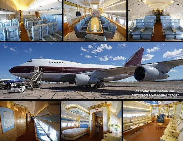 A collage showing the exterior of a white and maroon VIP Boeing 747-SP on the tarmac, along with various luxurious interior cabin views.