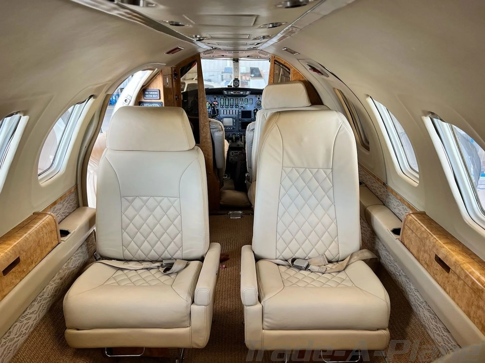 Interior cabin view with two seats and cockpit visible.