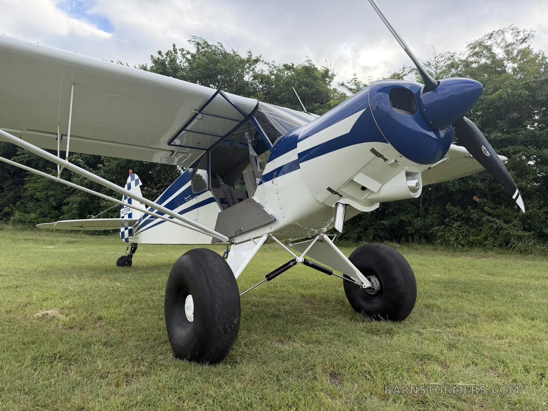 A blue and white single-engine bush plane with large tires, parked on a grassy field.