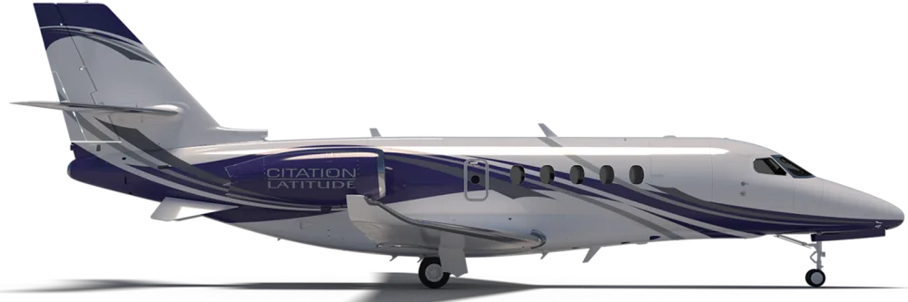 Side view of a white and blue Cessna Citation Latitude private jet, isolated on a white background.