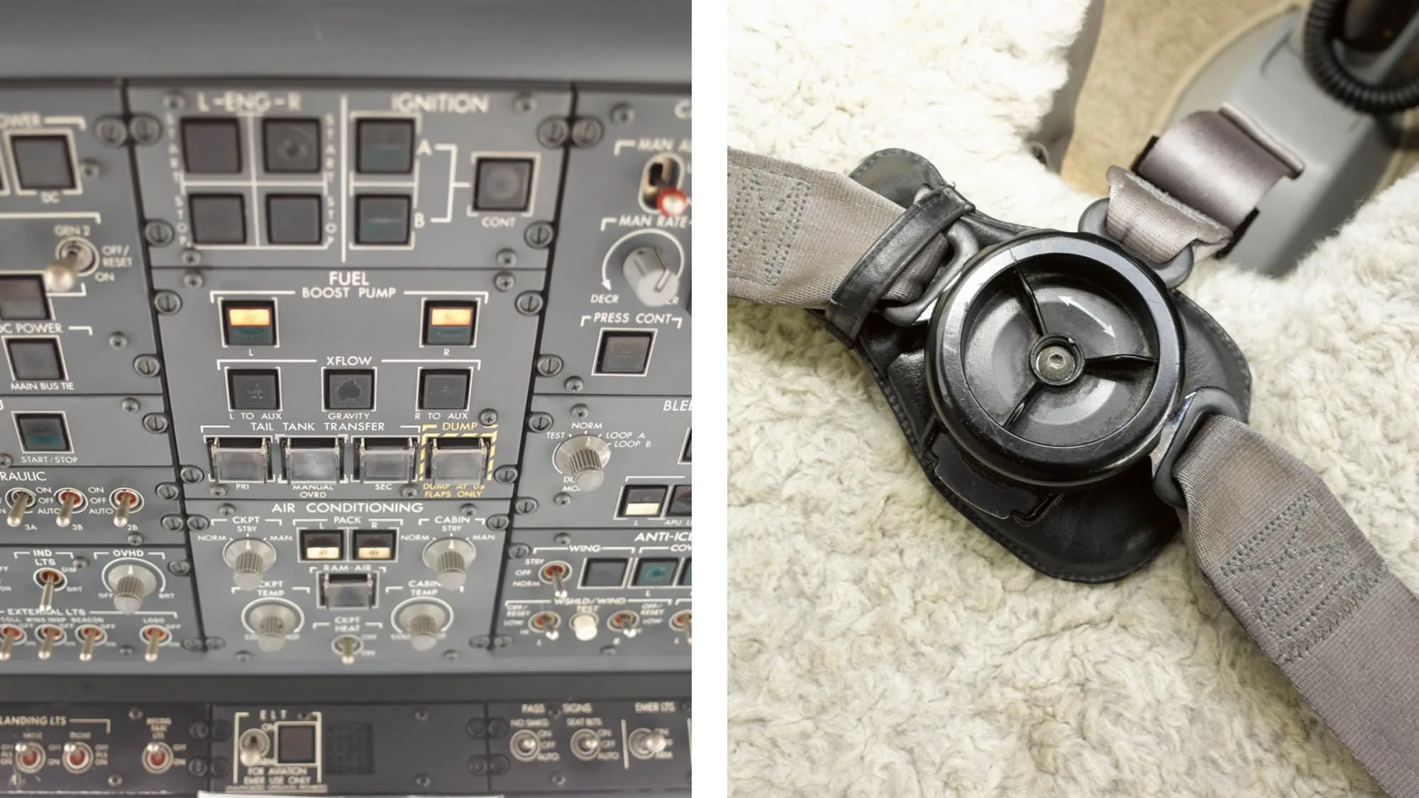 A split image showing a close-up of the aircraft's overhead panel controls on the left and a seatbelt buckle on a plush seat on the right.