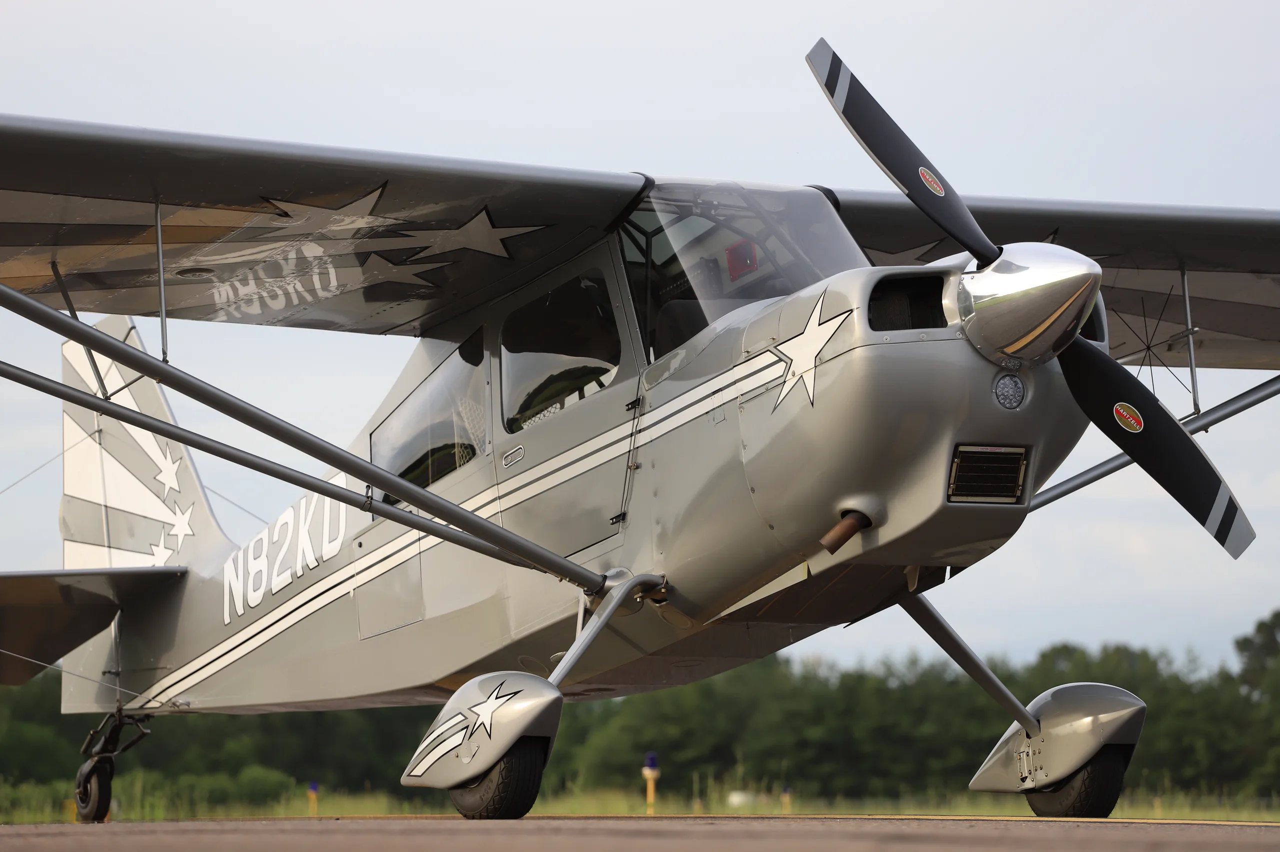 A gray single-engine propeller aircraft with white star and stripe decals on its fuselage, wing, and tail, parked on an airfield.