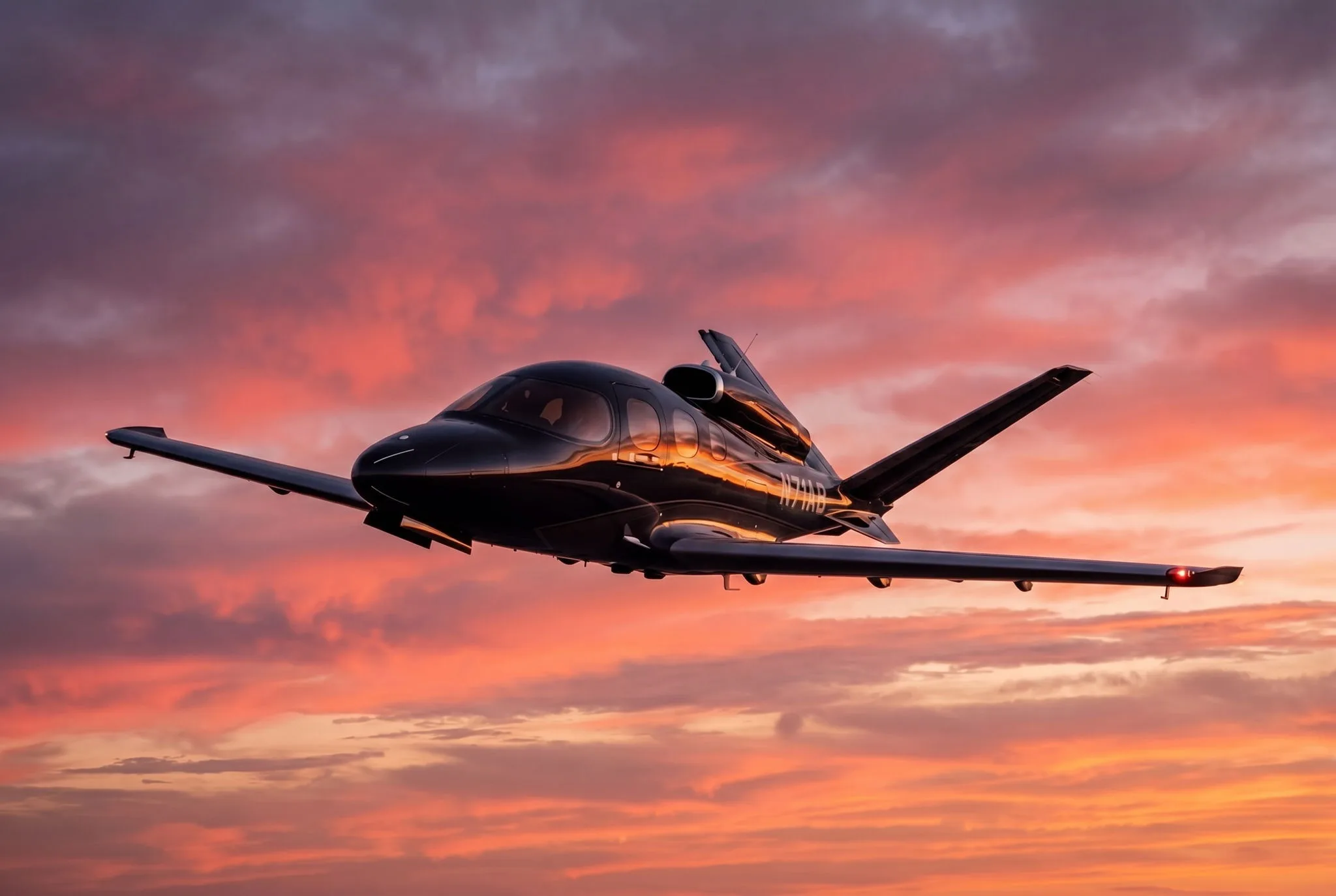 A black Cirrus Vision Jet (N71AB) flying against a vibrant orange and purple sunset sky.
