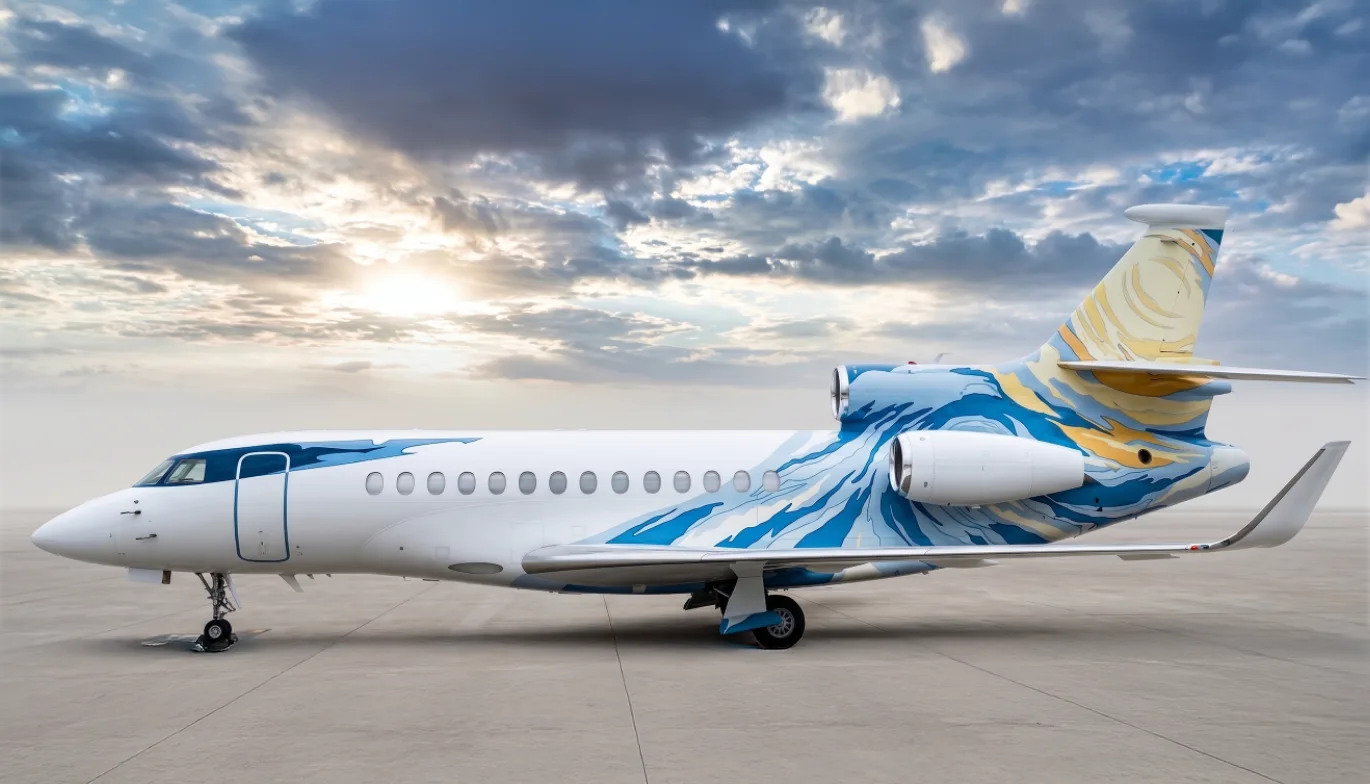 A Dassault Falcon business jet with a unique blue and gold wave-like paint scheme parked on a tarmac at sunset.