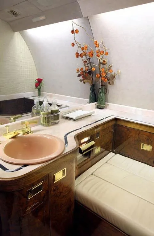 An aircraft lavatory with a pink sink, gold fixtures, and wood paneling, decorated with flowers and branches.