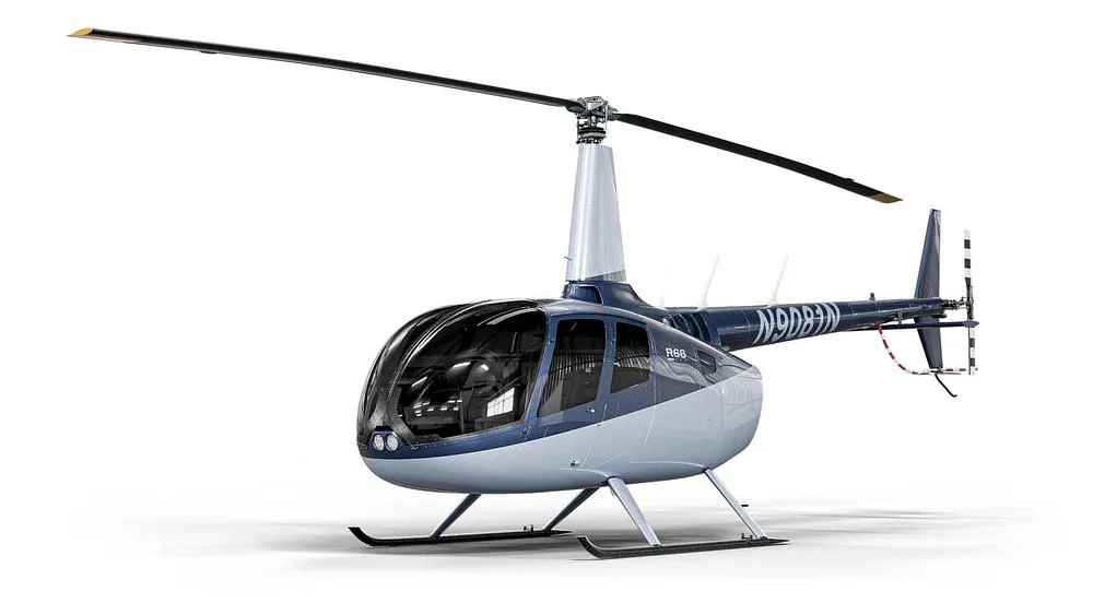 A front three-quarter view of a blue and white Robinson R66 helicopter with registration N9081N.