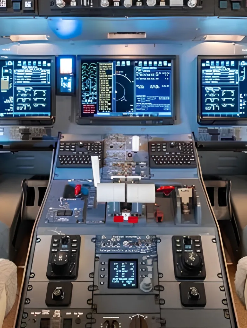 A close-up view of a jet aircraft's cockpit, showing the instrument panel with multiple screens and controls.