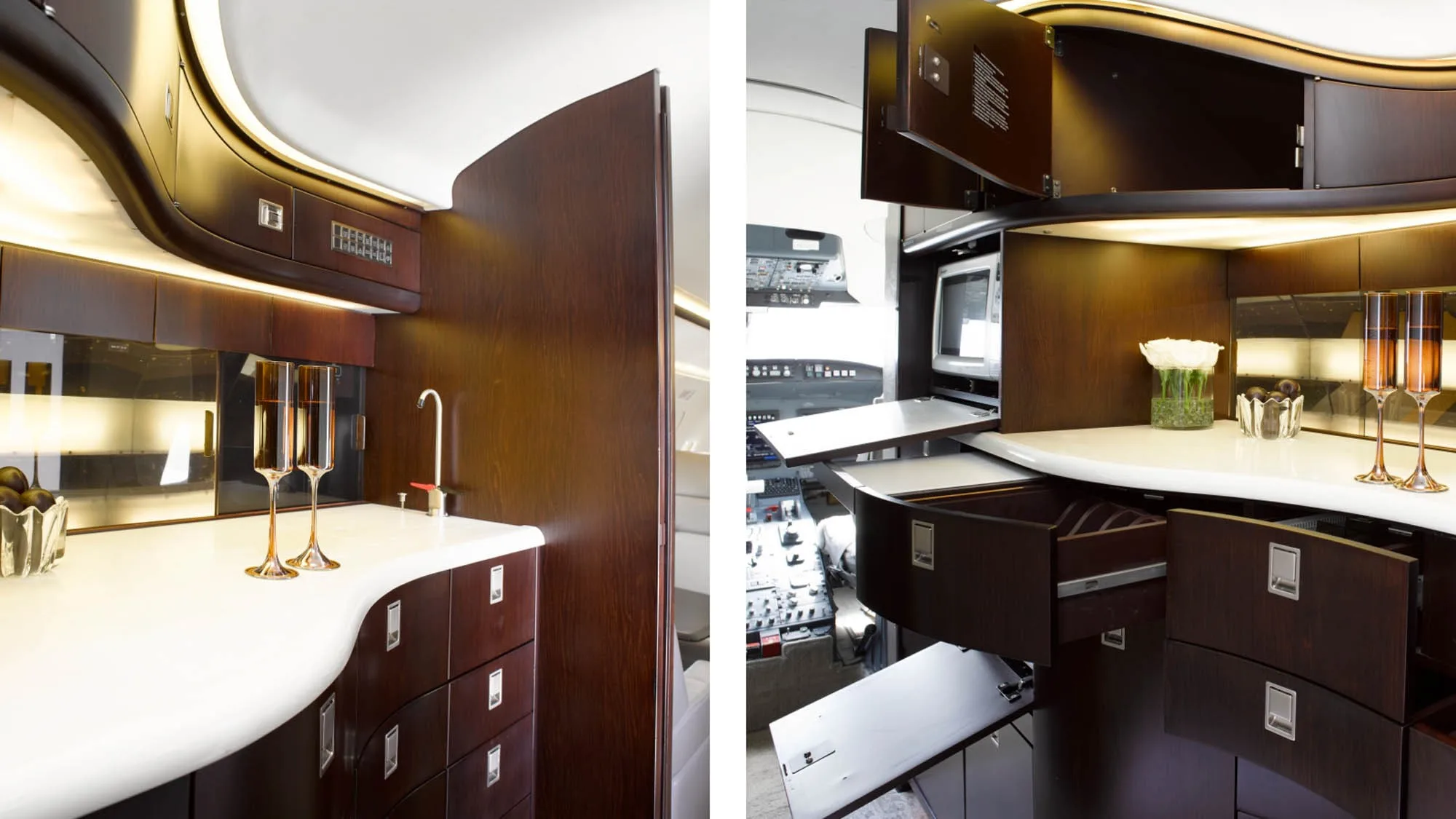 A split image showing the aircraft's galley area with dark wood cabinetry, white countertops, and two champagne flutes.