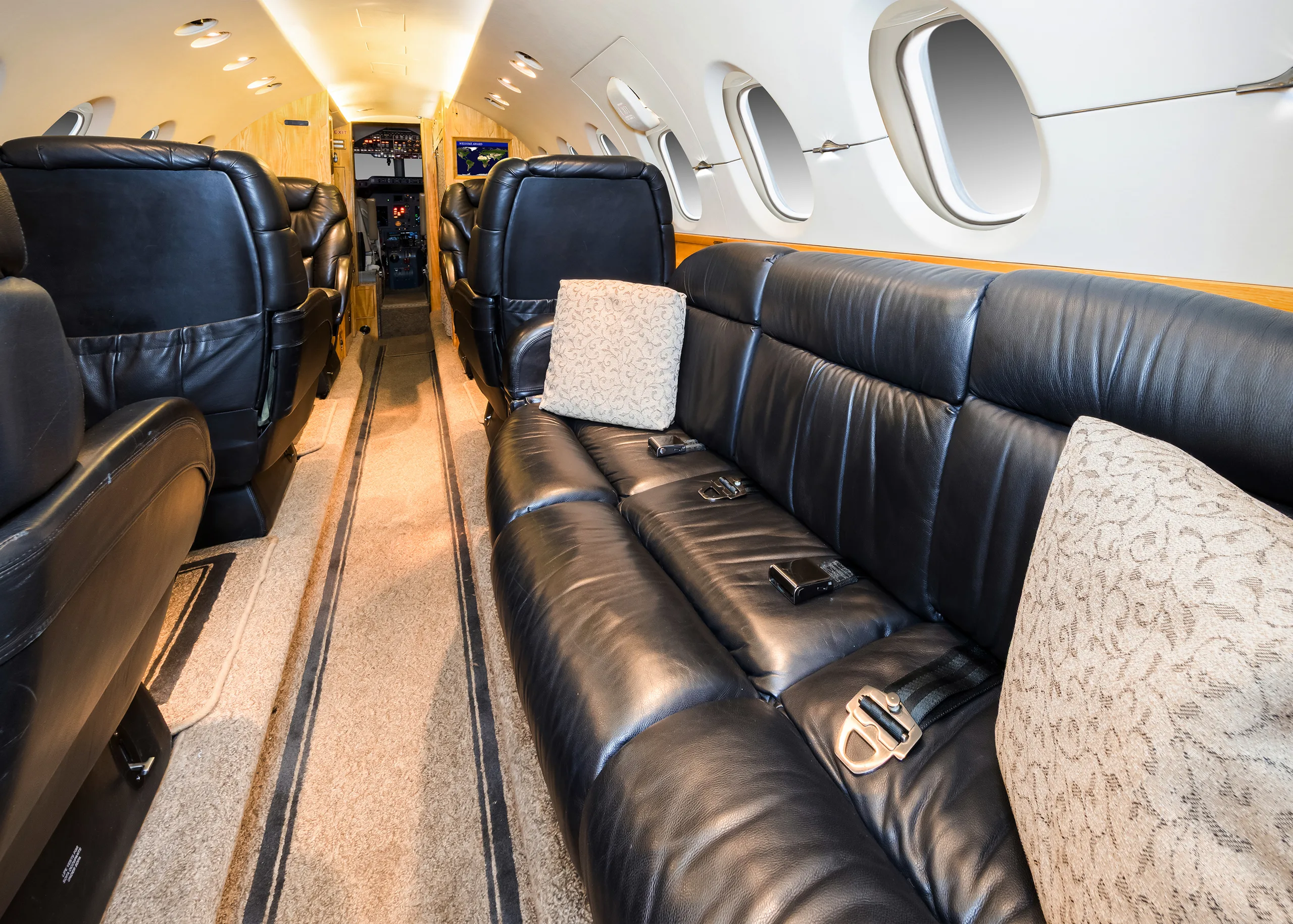 Interior view of the aircraft cabin with a couch and leather seats.