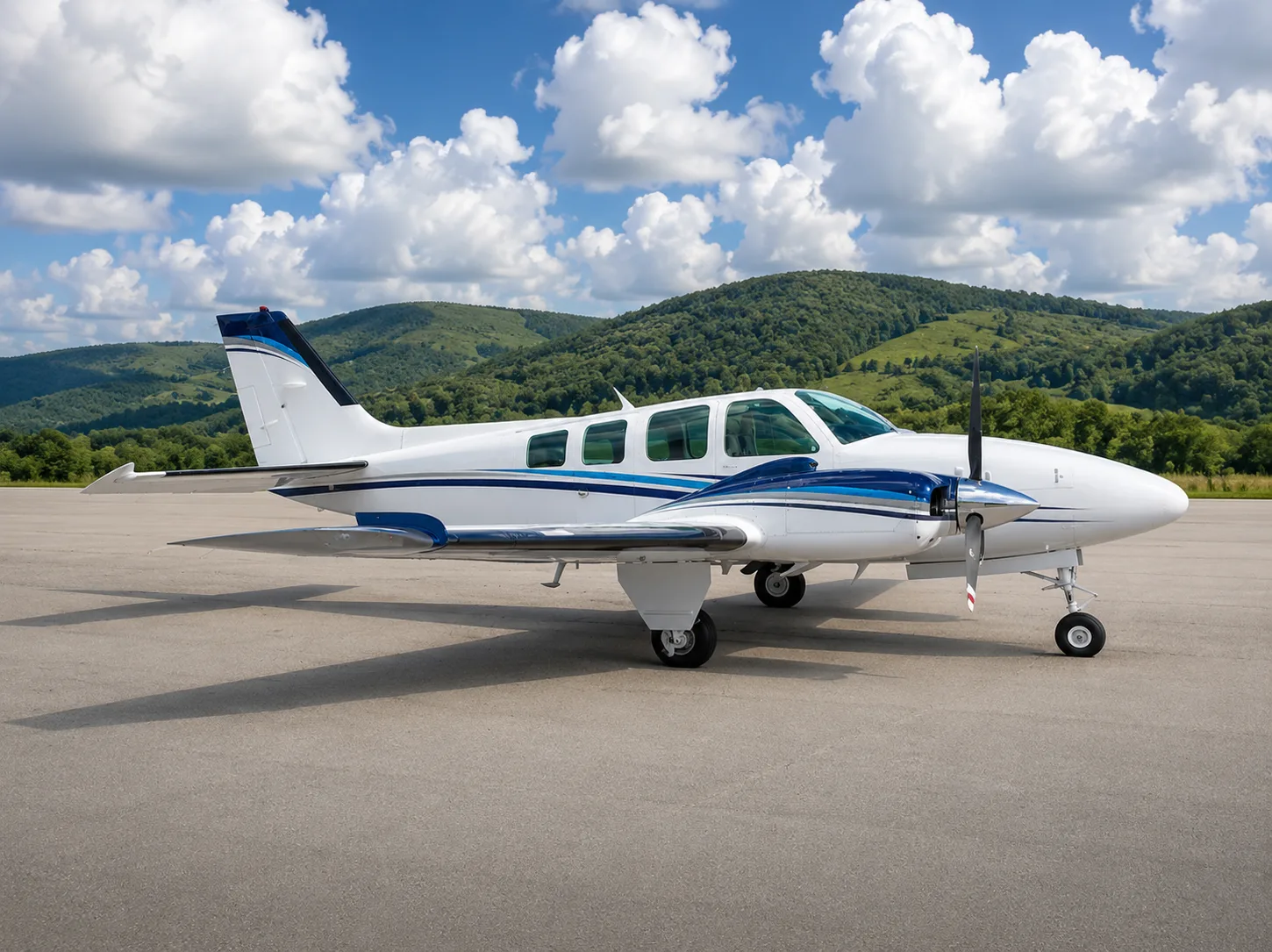 A white and blue twin-engine propeller aircraft is parked on an asphalt runway with green hills and a cloudy sky in the background.