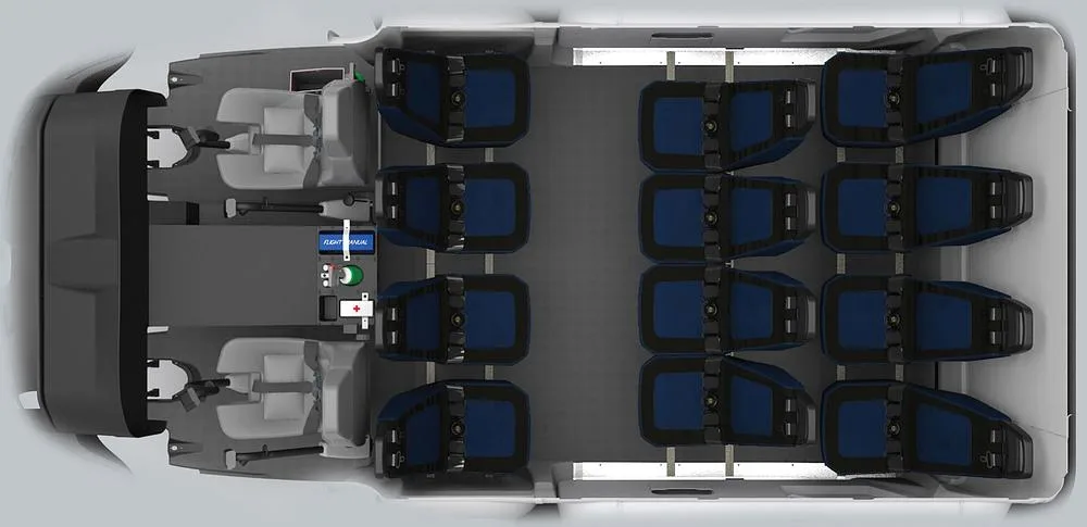 An overhead diagram showing the interior layout of an aircraft cabin with blue seats and a cockpit area.