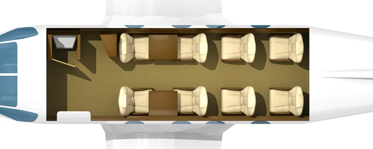 Top-down diagram of an aircraft cabin layout.