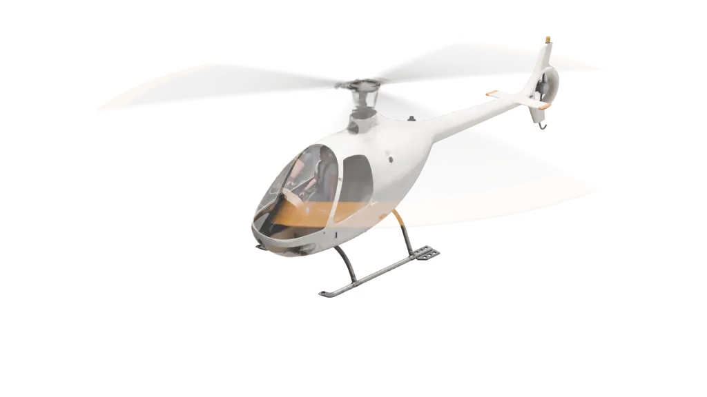 A white helicopter with orange-tipped rotor blades is shown from a front-quarter view, hovering against a plain background.