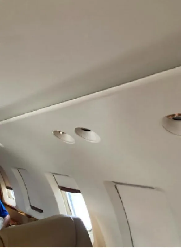 The interior ceiling and upper side wall of an aircraft cabin, showing air vents and windows.
