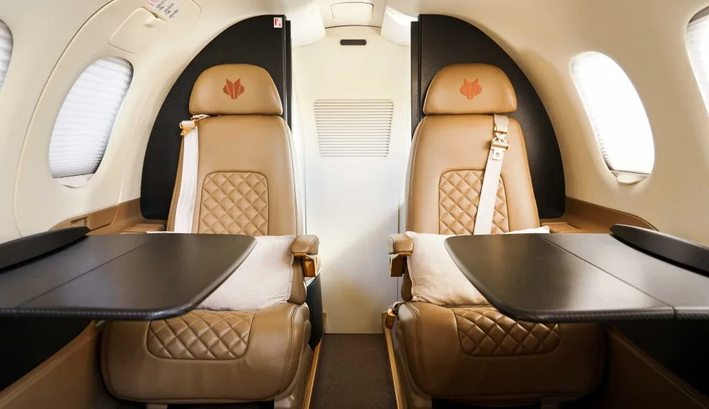 Two tan leather passenger seats with quilted patterns and fold-out tables in an aircraft cabin.